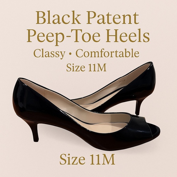 Ellen Tracy Black Patent Leather Peep Toe Heels Size 11M Classic Chic - Picture 2 of 4